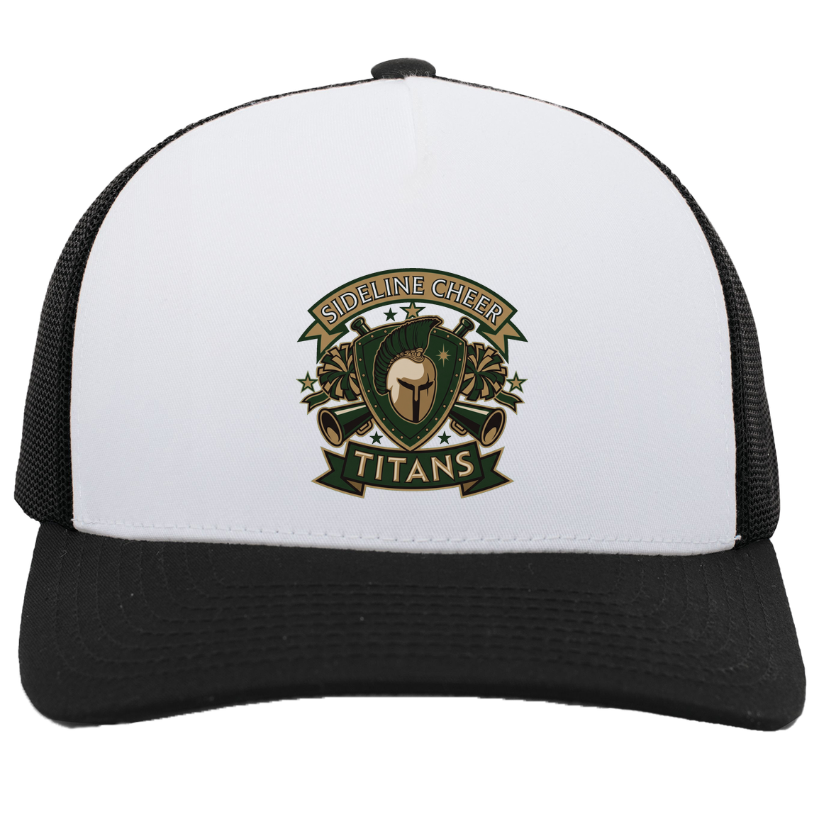 tc-titans-sideline-cheer-insignia-pacific-headwear-5-panel-trucker-snapback-cap — White/Black — Front — source sha256 18c5395734409f494cecac8cc49804a401f21e30a177b3a1e58be36d31007abf — Color position 5