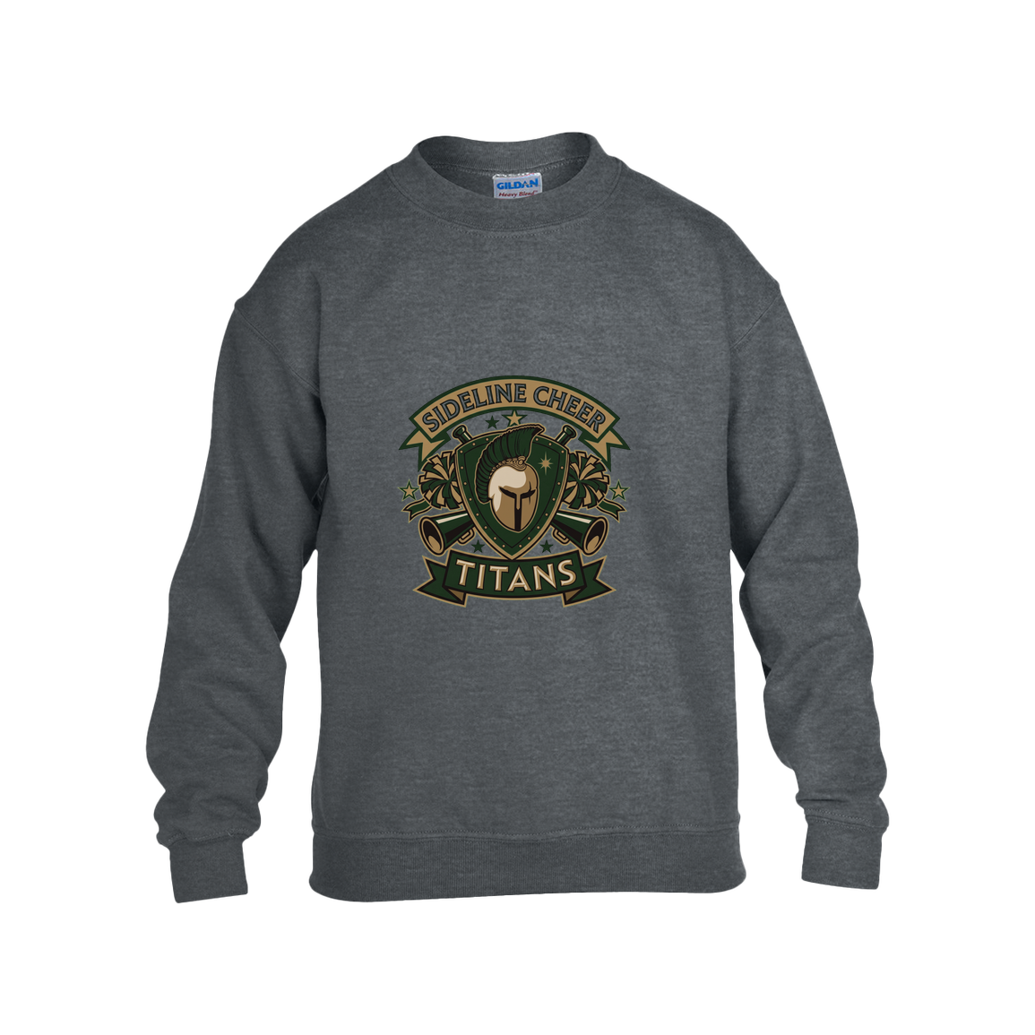 tc-titans-sideline-cheer-insignia-gildan-kids-heavy-blend-fleece-crew — Dark Heather — Front — source sha256 4cbbad5795768f58168fb41fa810a6a72b22d25e1bd76716b3a446a90d78b90e — Color position 2