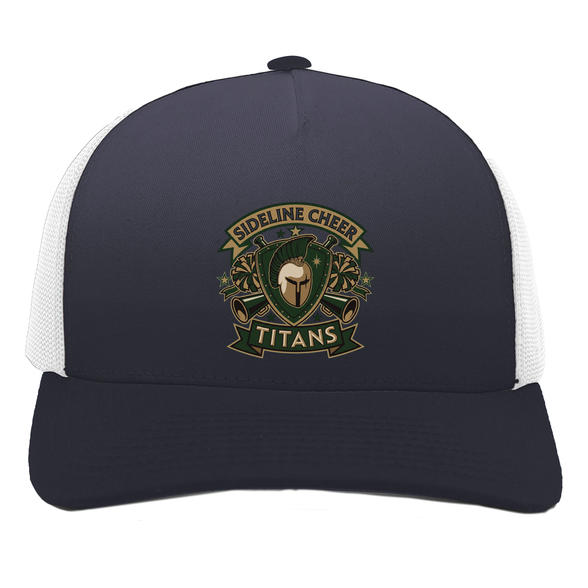 tc-titans-sideline-cheer-insignia-pacific-headwear-5-panel-trucker-snapback-cap — Navy/White — Front — source sha256 a87710588fad0542dc0bd1d6db959f0a6c8099ab9b0e4021fa8217a3e0540046 — Color position 1