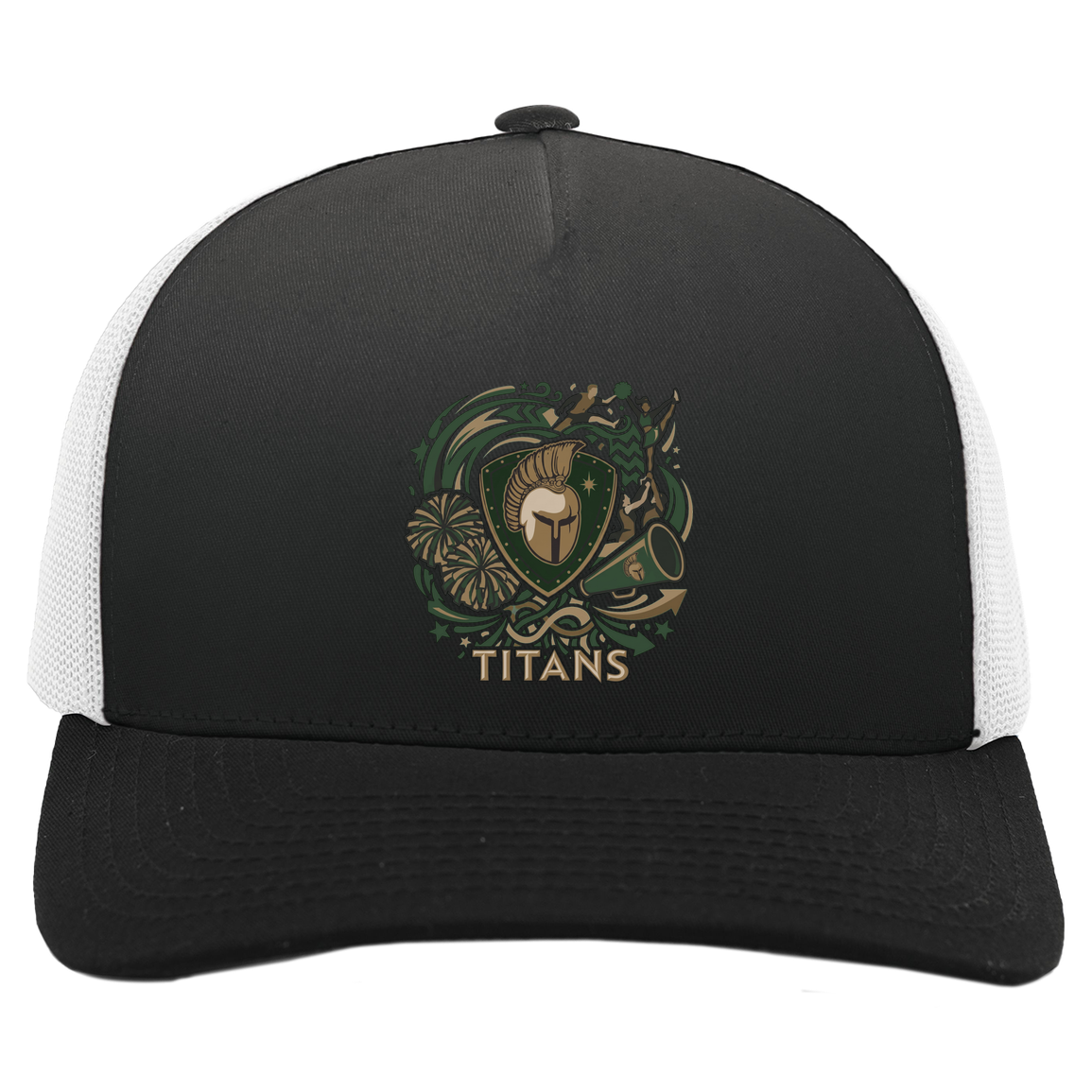 tc-titans-sideline-cheer-rally-v2-pacific-headwear-5-panel-trucker-snapback-cap — Black/White — Front — source sha256 00e2d4defa3152c3ba7c0e7cdcfb07338478eace8f76facb3d9a8a2b375d5a44 — Color position 4