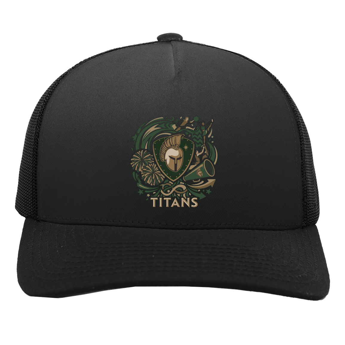 tc-titans-sideline-cheer-rally-v2-pacific-headwear-5-panel-trucker-snapback-cap — Black/Black — Front — source sha256 15ccf0e624130c9b681095db3a1d2b8804c1a4fd45235538a5c7b70e3694b5cc — Color position 3