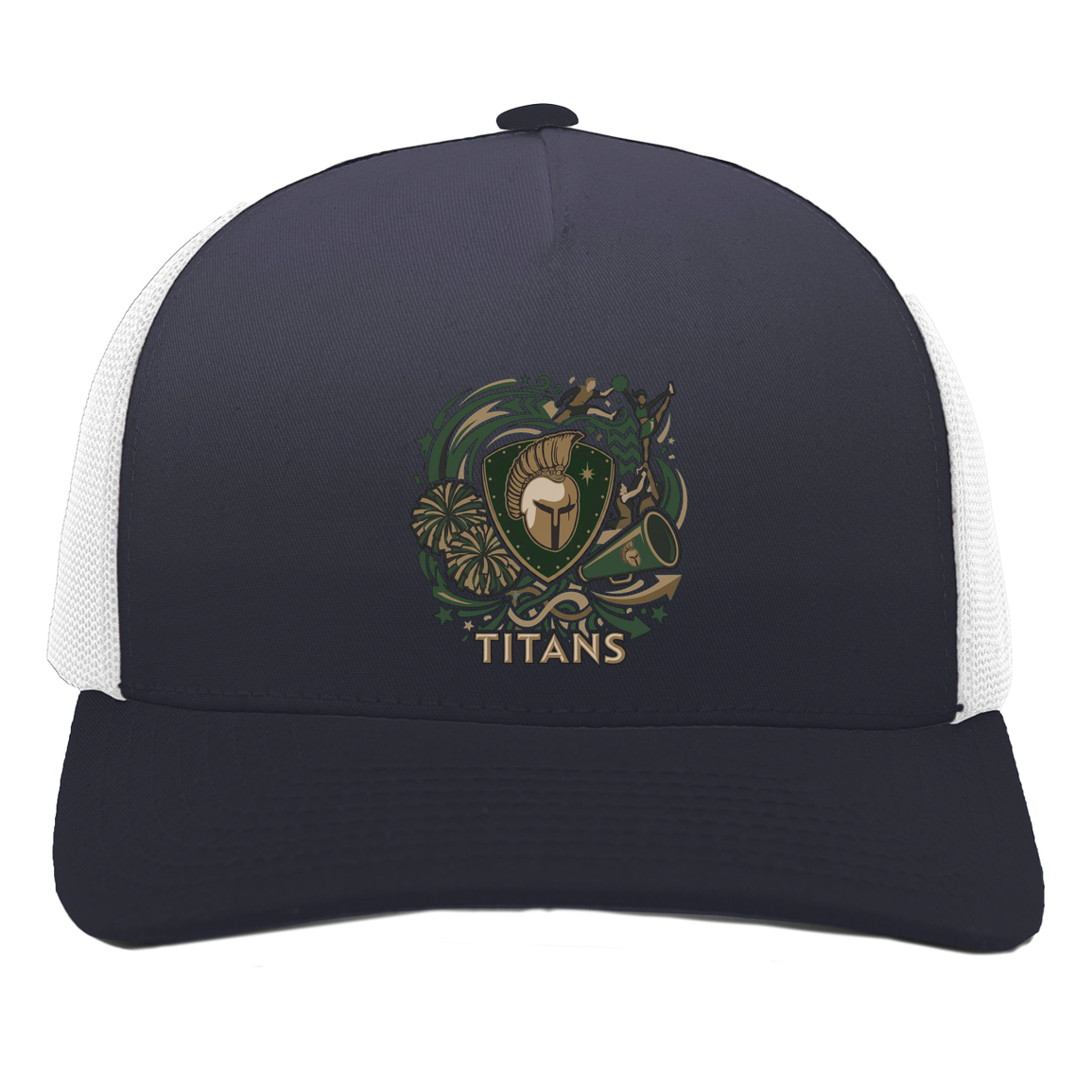 tc-titans-sideline-cheer-rally-v2-pacific-headwear-5-panel-trucker-snapback-cap — Navy/White — Front — source sha256 5ce668c21715cb34cf89e9a81f1d0b0015599fd493e66a3b268d1a099635ecbe — Color position 1
