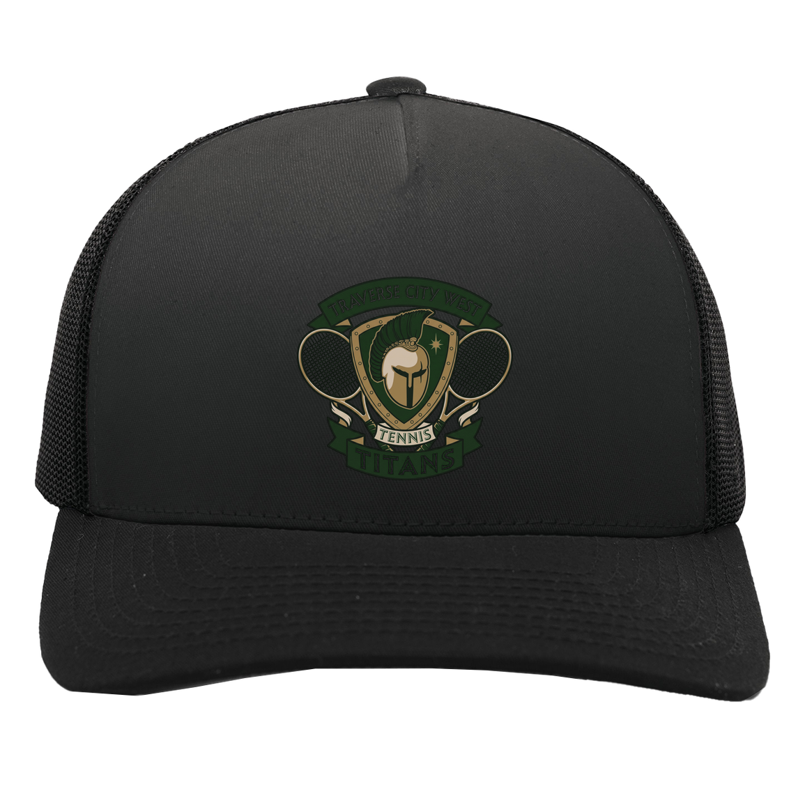 tc-titans-tennis-insignia-pacific-headwear-5-panel-trucker-snapback-cap — Black/Black — Front — source sha256 8acc5a0b46c5a53257405a3af0ca0c99154e175d93d38e43ad8c6ee847d4f2da — Color position 3