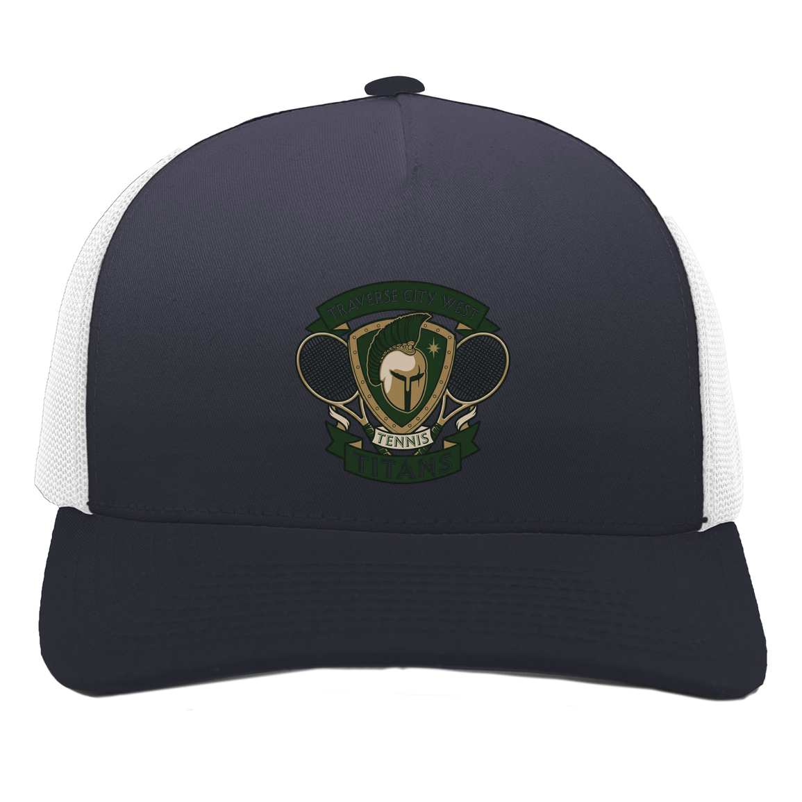 tc-titans-tennis-insignia-pacific-headwear-5-panel-trucker-snapback-cap — Navy/White — Front — source sha256 ccfc79fd3064b753a3f85f4e86d53b298485f2b0548b66b6a04a57f6a661705f — Color position 1
