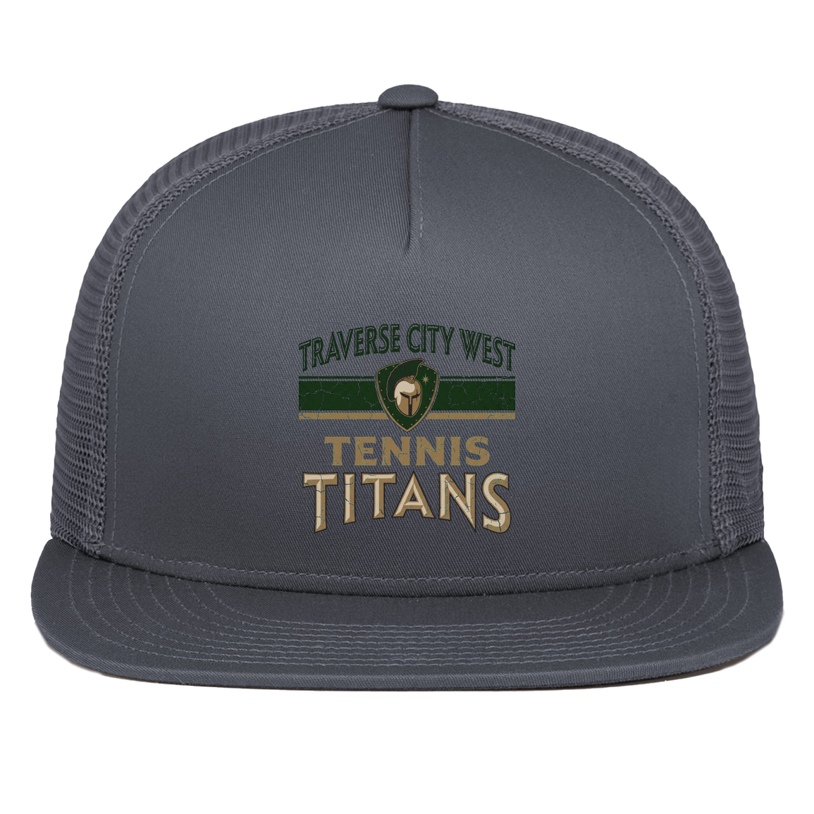 tc-titans-tennis-vintage-distressed-pacific-headwear-d-series-5-panel-trucker-snapback-cap — Graphite — Front — source sha256 479b5cb5171eb26fadea244029d3851d2015184bdc5e89d1689a5bb0421b9811 — Color position 3