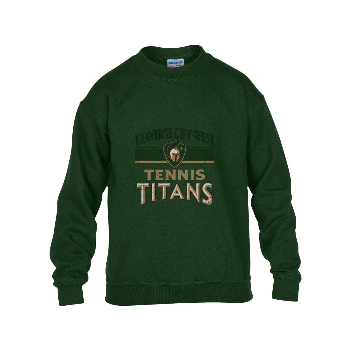 tc-titans-tennis-vintage-distressed-gildan-kids-heavy-blend-fleece-crew — Forest Green — Front — source sha256 a9e4ca8338d52db66500e65cc6249372f654e4cc0778a4ea909bce285ae9892b — Color position 5