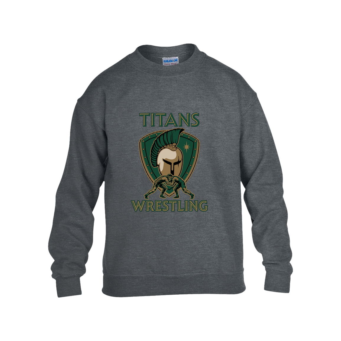 tc-titans-titan-crest-gildan-kids-heavy-blend-fleece-crew — Dark Heather — Front — source sha256 42c60cd8e2c43c981087e5cf9cd004521d9a0ff77a5efc22747c36ebe297f21f — Color position 2