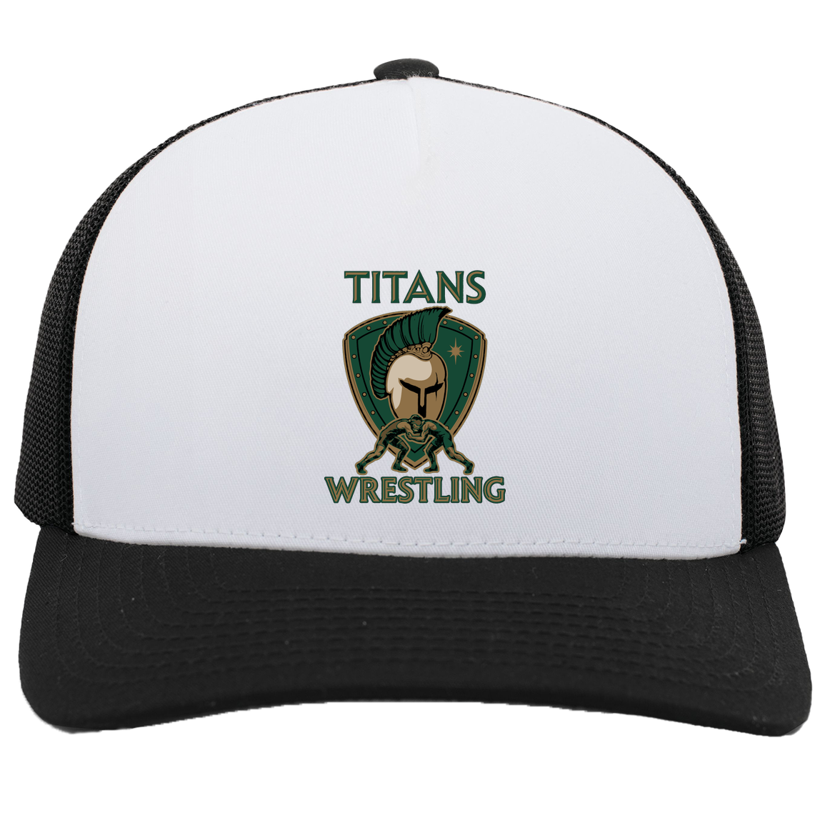 tc-titans-titan-crest-pacific-headwear-5-panel-trucker-snapback-cap — White/Black — Front — source sha256 6e75348a9e2fc601137a0f6b946fba96d39a86929f4cbb3fc0cf2c529023acd2 — Color position 4
