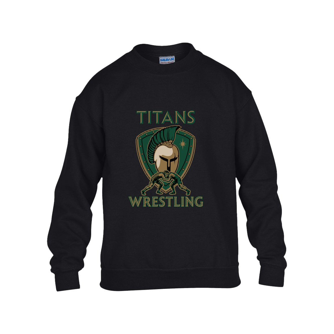 tc-titans-titan-crest-gildan-kids-heavy-blend-fleece-crew — Black — Front — source sha256 b99e83096805da722970a11281c471d2ace9336d186284b26c6884bc15c16fe3 — Color position 1