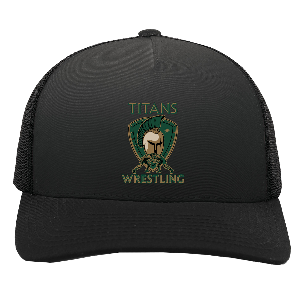 tc-titans-titan-crest-pacific-headwear-5-panel-trucker-snapback-cap — Black/Black — Front — source sha256 f8709cd8cd5adaf7f4175a1d0a100a3040a570de67db034ab241c1889a222902 — Color position 3