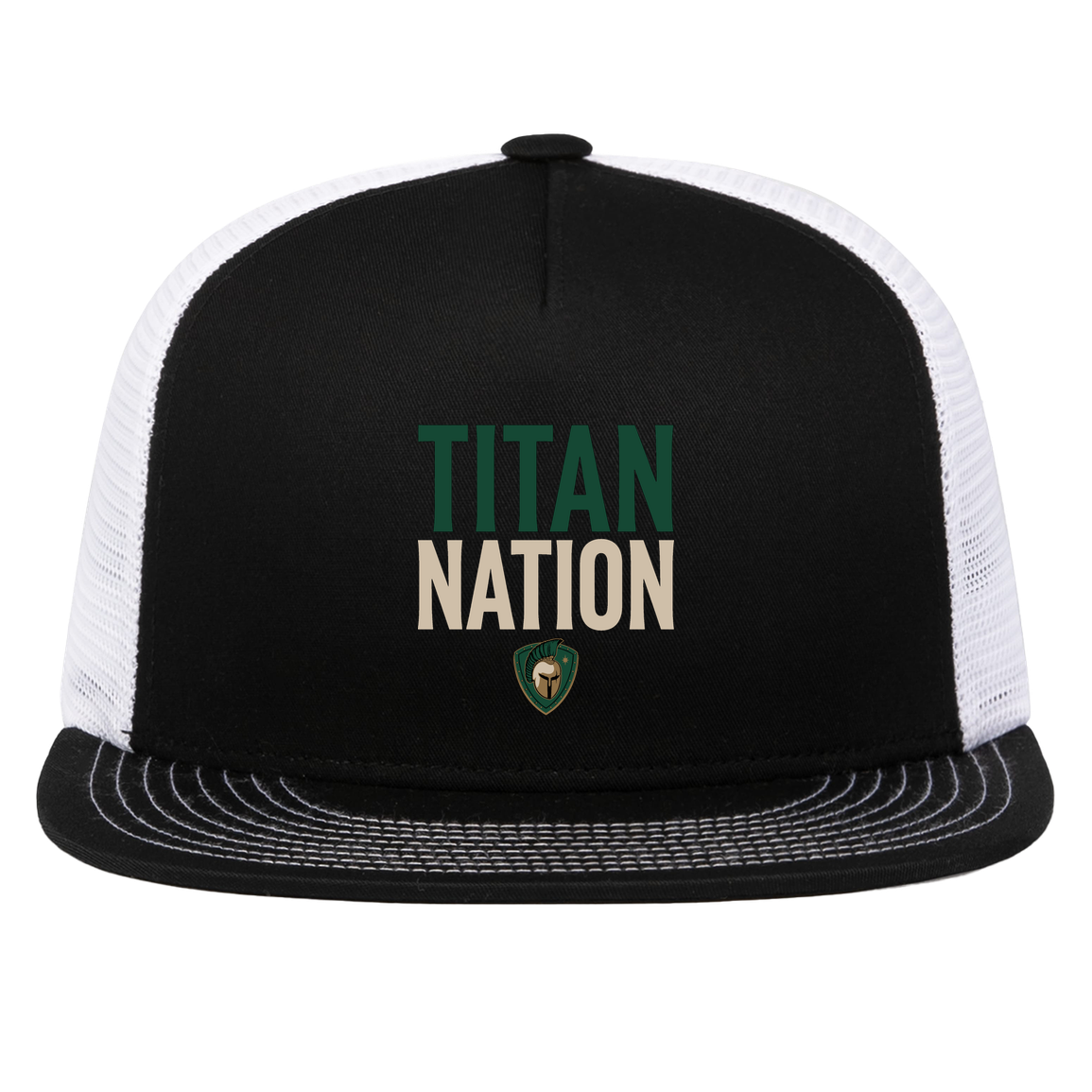 tc-titans-titan-nation-pacific-headwear-d-series-5-panel-trucker-snapback-cap — Black/White — Front — source sha256 950198de2bd42848542959d8712f807932d50fcd86dc1e827db62ad3cee5de88 — Color position 2