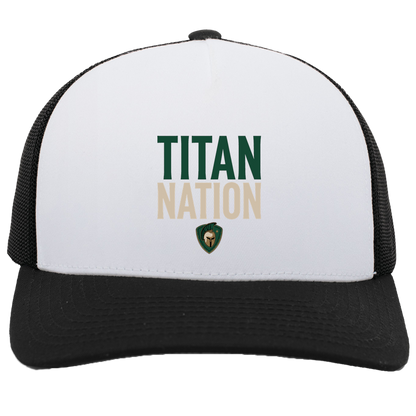 tc-titans-titan-nation-pacific-headwear-5-panel-trucker-snapback-cap — White/Black — Front — source sha256 bf4454a1c6e9d9bbd0a6a857eaf18b7291cdc119da431b6bd7f56f7b4db16f22 — Color position 4