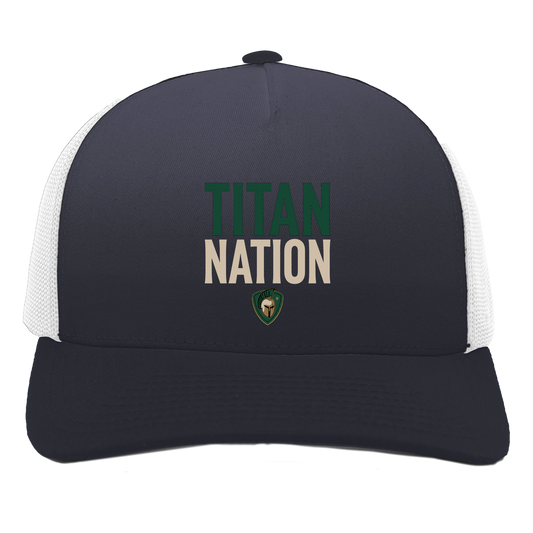tc-titans-titan-nation-pacific-headwear-5-panel-trucker-snapback-cap — Navy/White — Front — source sha256 ed80a0d41c4a9a5953be083c827e5b275d8cabb78262db86fc0d5e13ff23edf4 — Color position 1