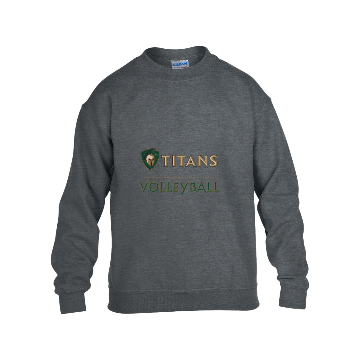 tc-titans-volleyball-basic-gildan-kids-heavy-blend-fleece-crew — Dark Heather — Front — source sha256 437ad9c4142fc374650c9e515197f6eb19bd2a0125c19e5a153e3166c957fa19 — Color position 2