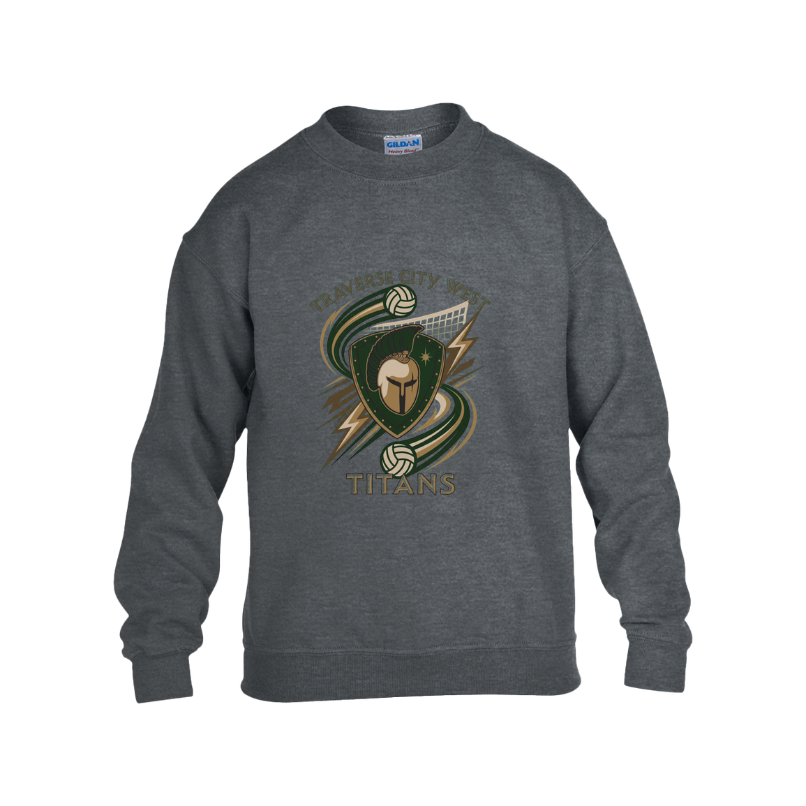 tc-titans-volleyball-rally-gildan-kids-heavy-blend-fleece-crew — Dark Heather — Front — source sha256 4c432483ea83ba51c0d59bca6419f91f5e32a94bd1b228945c963a4a7f555aaa — Color position 2
