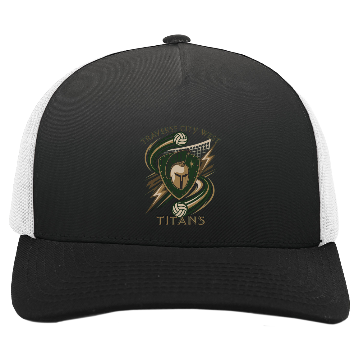 tc-titans-volleyball-rally-pacific-headwear-5-panel-trucker-snapback-cap — Black/White — Front — source sha256 5ca7697f041e3f2dc43efb39341fca8c4f77b75d92f29f8221ef067138089474 — Color position 4