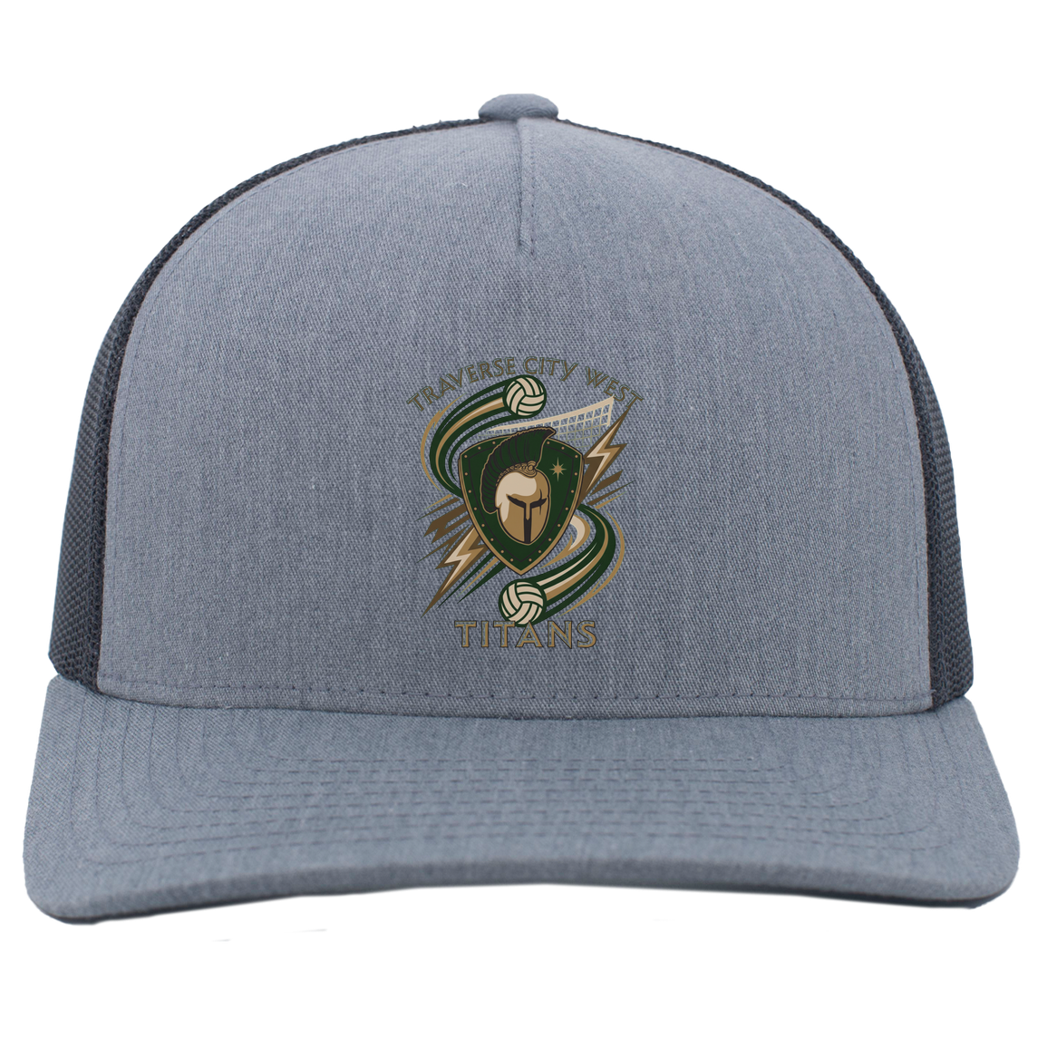 tc-titans-volleyball-rally-pacific-headwear-5-panel-trucker-snapback-cap — Heather Grey/Light Charcoal — Front — source sha256 7fe44d12cda2a8eb03fb43eaedb9b949274f521ad5e740fcf3f463dc04312a21 — Color position 2