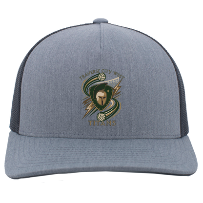 tc-titans-volleyball-rally-pacific-headwear-5-panel-trucker-snapback-cap — Heather Grey/Light Charcoal — Front — source sha256 7fe44d12cda2a8eb03fb43eaedb9b949274f521ad5e740fcf3f463dc04312a21 — Color position 2