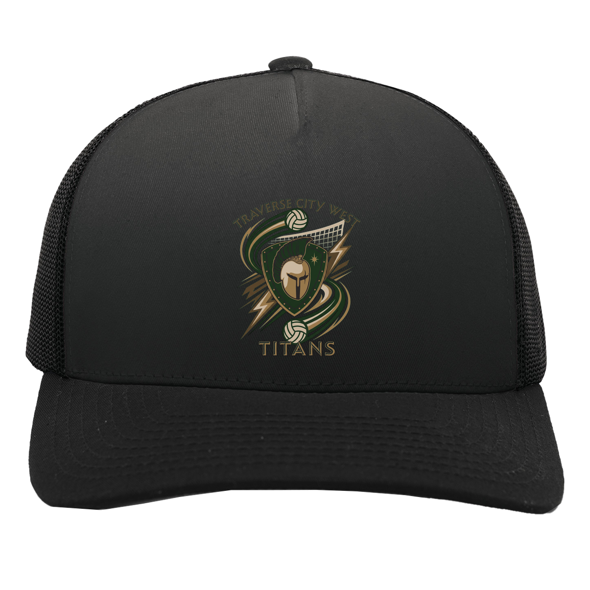 tc-titans-volleyball-rally-pacific-headwear-5-panel-trucker-snapback-cap — Black/Black — Front — source sha256 ad223e35bb543eeecb71c0a7a16d4ed99332792e76f3fb21b93063a895537424 — Color position 3