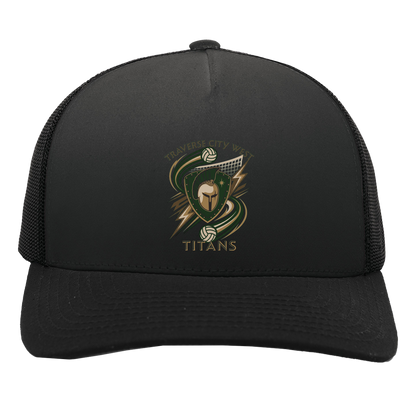 tc-titans-volleyball-rally-pacific-headwear-5-panel-trucker-snapback-cap — Black/Black — Front — source sha256 ad223e35bb543eeecb71c0a7a16d4ed99332792e76f3fb21b93063a895537424 — Color position 3