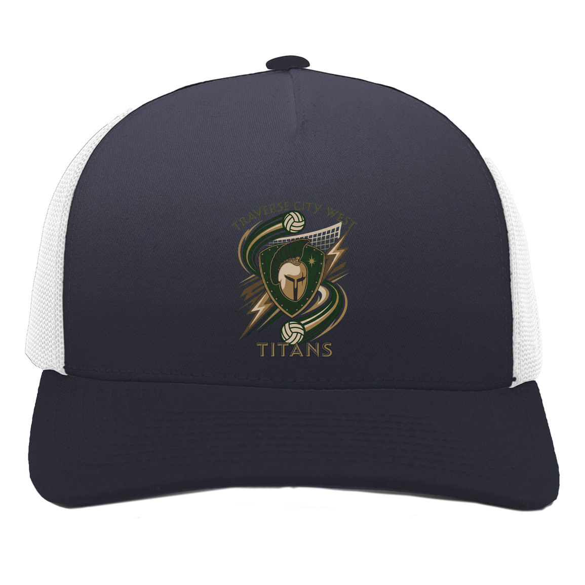tc-titans-volleyball-rally-pacific-headwear-5-panel-trucker-snapback-cap — Navy/White — Front — source sha256 af56eafbddf2d71f247bc83531b0d31cba87ffe5055b516c6ecbc2cdcf8168f3 — Color position 1