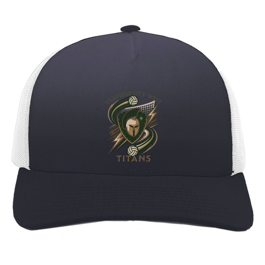 tc-titans-volleyball-rally-pacific-headwear-5-panel-trucker-snapback-cap — Navy/White — Front — source sha256 af56eafbddf2d71f247bc83531b0d31cba87ffe5055b516c6ecbc2cdcf8168f3 — Color position 1