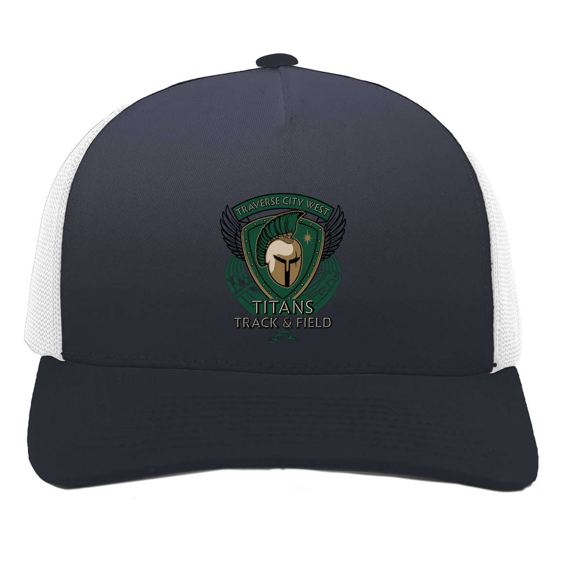 tc-titans-winged-warrior-crest-pacific-headwear-5-panel-trucker-snapback-cap — Navy/White — Front — source sha256 4730f8fda016f5111f1bba2e4aafca57e1f44b24fc4ff9f30896e6f8b8f92f02 — Color position 1