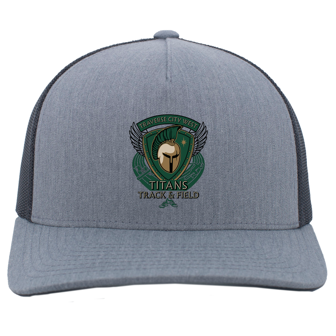 tc-titans-winged-warrior-crest-pacific-headwear-5-panel-trucker-snapback-cap — Heather Grey/Light Charcoal — Front — source sha256 51e770ae5d73c35e49200006e5e5b0678ffc5dd7e1b79732d44612df58850c9a — Color position 2