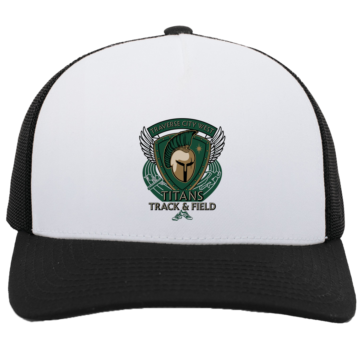 tc-titans-winged-warrior-crest-pacific-headwear-5-panel-trucker-snapback-cap — White/Black — Front — source sha256 ca831a99c0dc5229622976830204bcb31af11cc45387462179a73e5a276fa3c7 — Color position 4