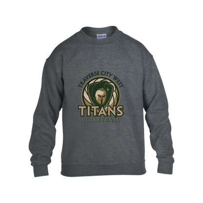 tc-titans-volleyball-bold-mascot-gildan-kids-heavy-blend-fleece-crew — Dark Heather — Front — restored 2026-09-05 — source sha256 faa7ca3fc3b1c415cc7bdff4f6e82f7f0477f1c4cb83abbd05276e7bbf1385b7