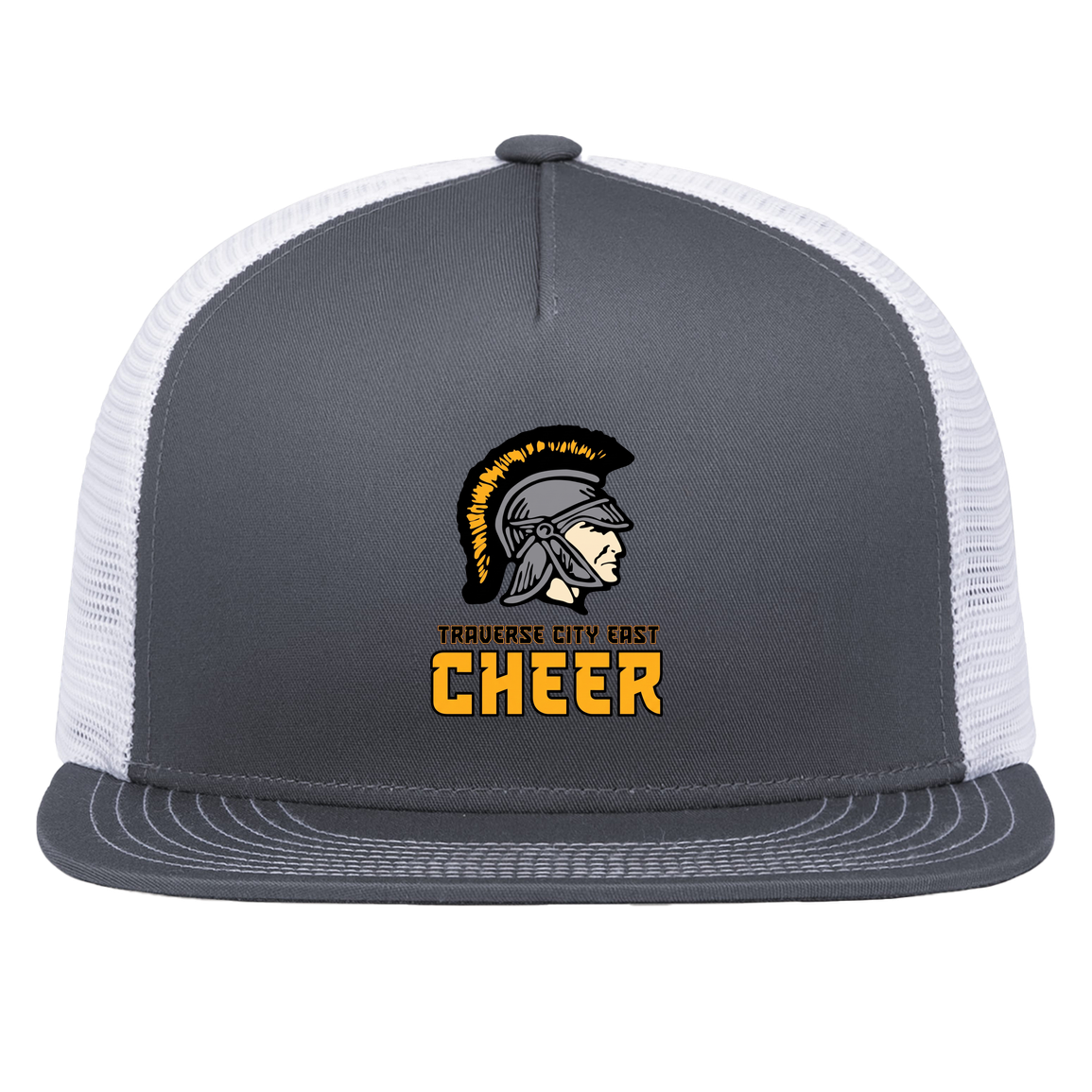 tc-trojans-cheer-basic-v2-pacific-headwear-d-series-5-panel-trucker-snapback-cap — Graphite/White — Front — source sha256 1fdf07817c260653511247bf4aafb3a90cf6942994be088ed93a38630276bb93 — Color position 4