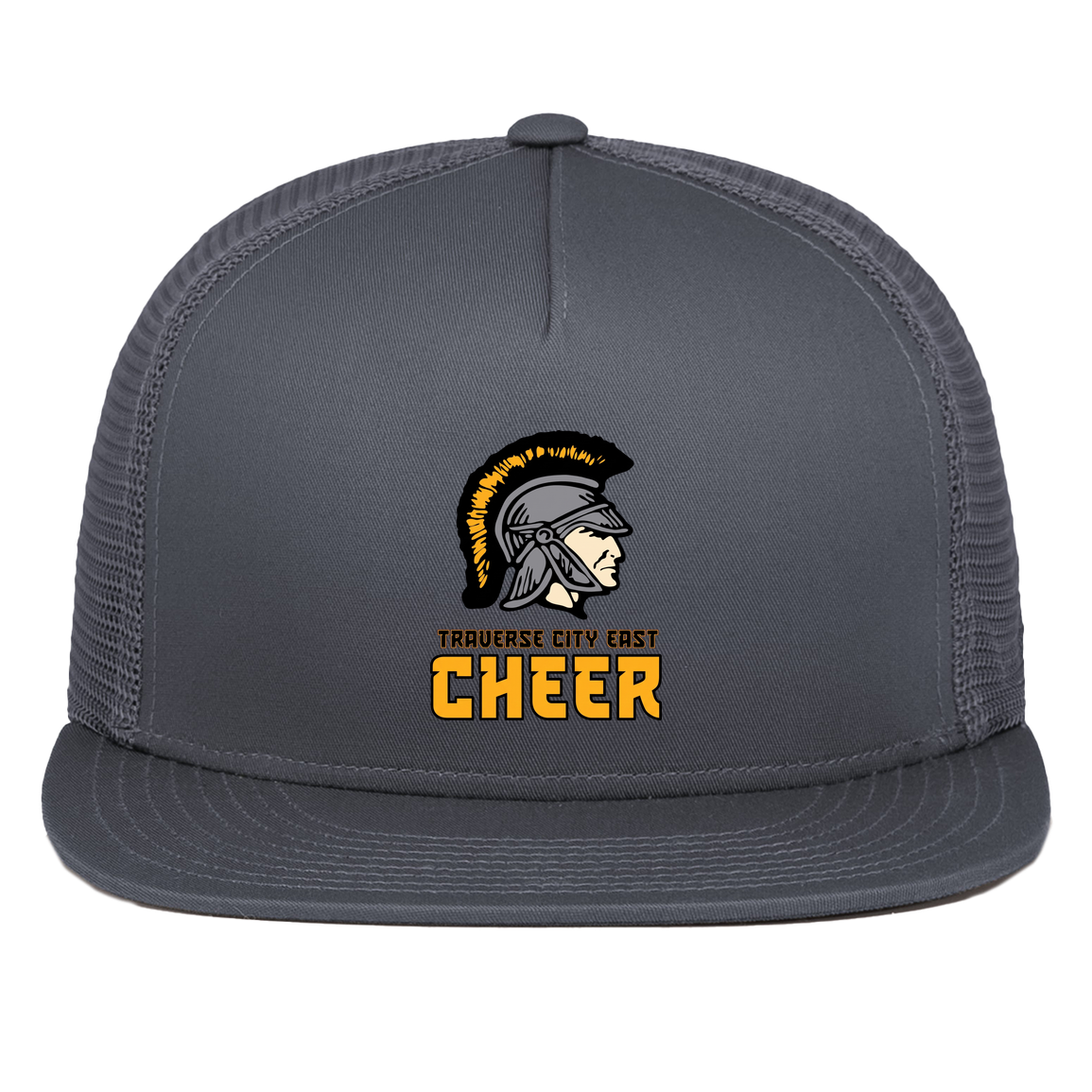 tc-trojans-cheer-basic-v2-pacific-headwear-d-series-5-panel-trucker-snapback-cap — Graphite — Front — source sha256 5d796fa2405bd606694eac43641bb1613b86b79f77627b1f0c4364ad58a08678 — Color position 3