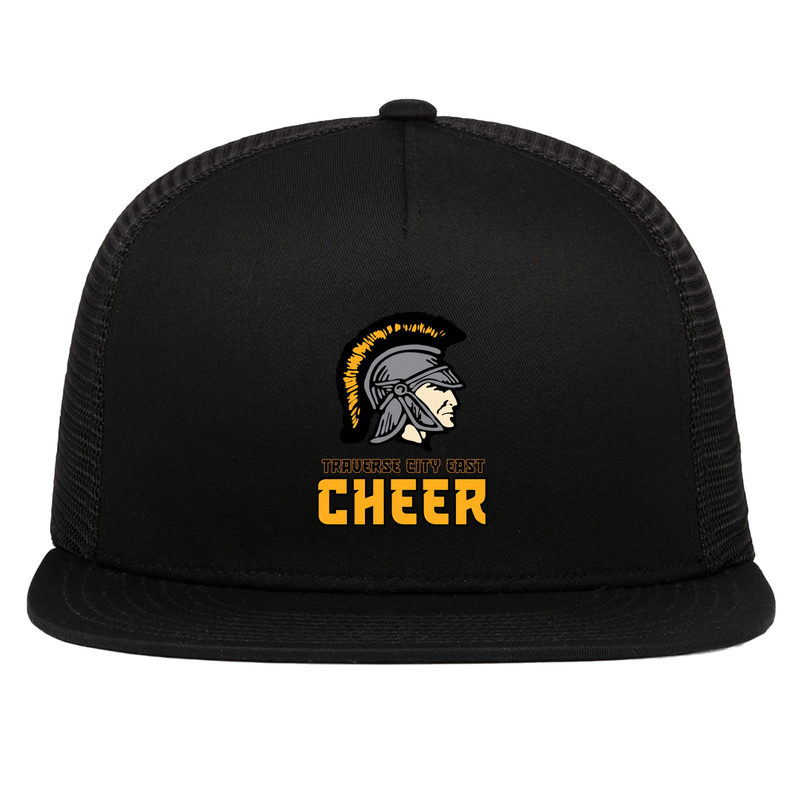 tc-trojans-cheer-basic-v2-pacific-headwear-d-series-5-panel-trucker-snapback-cap — Black — Front — source sha256 8392a677dca8ae569d7ba4232c493928cee8d6becf55a899ee04e756933a0787 — Color position 1