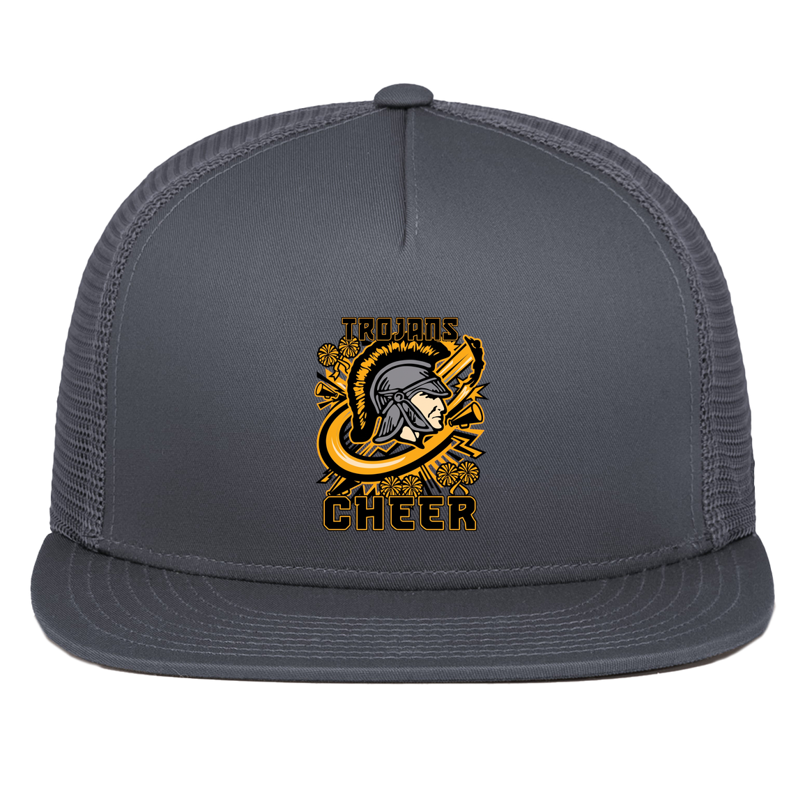 tc-trojans-cheer-rally-v2-pacific-headwear-d-series-5-panel-trucker-snapback-cap — Graphite — Front — source sha256 053b7d04a45eeb609d7af96db93188fcbb0af511be2582caceceb14e8edcd956 — Color position 3