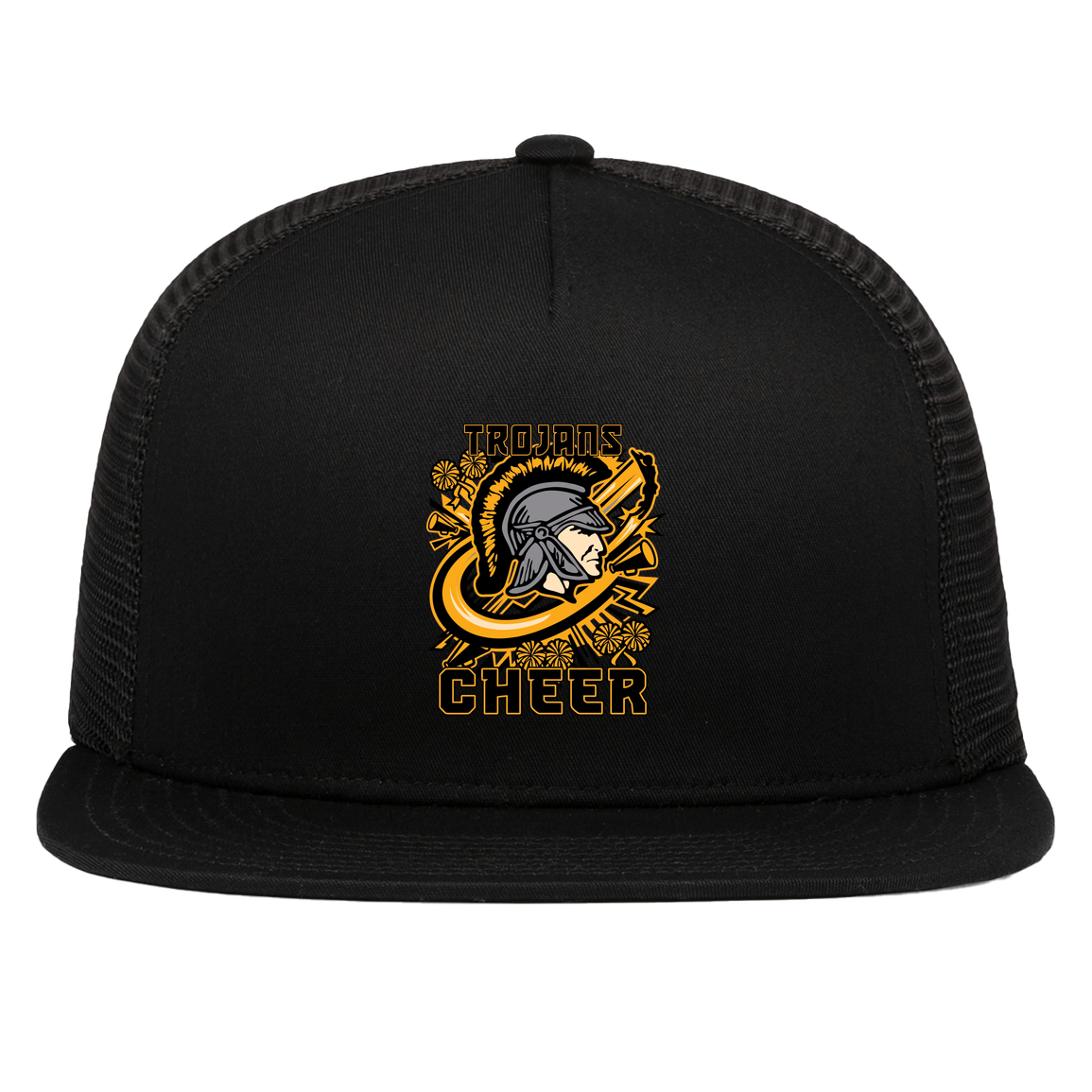 tc-trojans-cheer-rally-v2-pacific-headwear-d-series-5-panel-trucker-snapback-cap — Black — Front — source sha256 077223b0886725cad6529cd77bc5724fec54e508501b462551ca3e5f9fa45ca4 — Color position 1