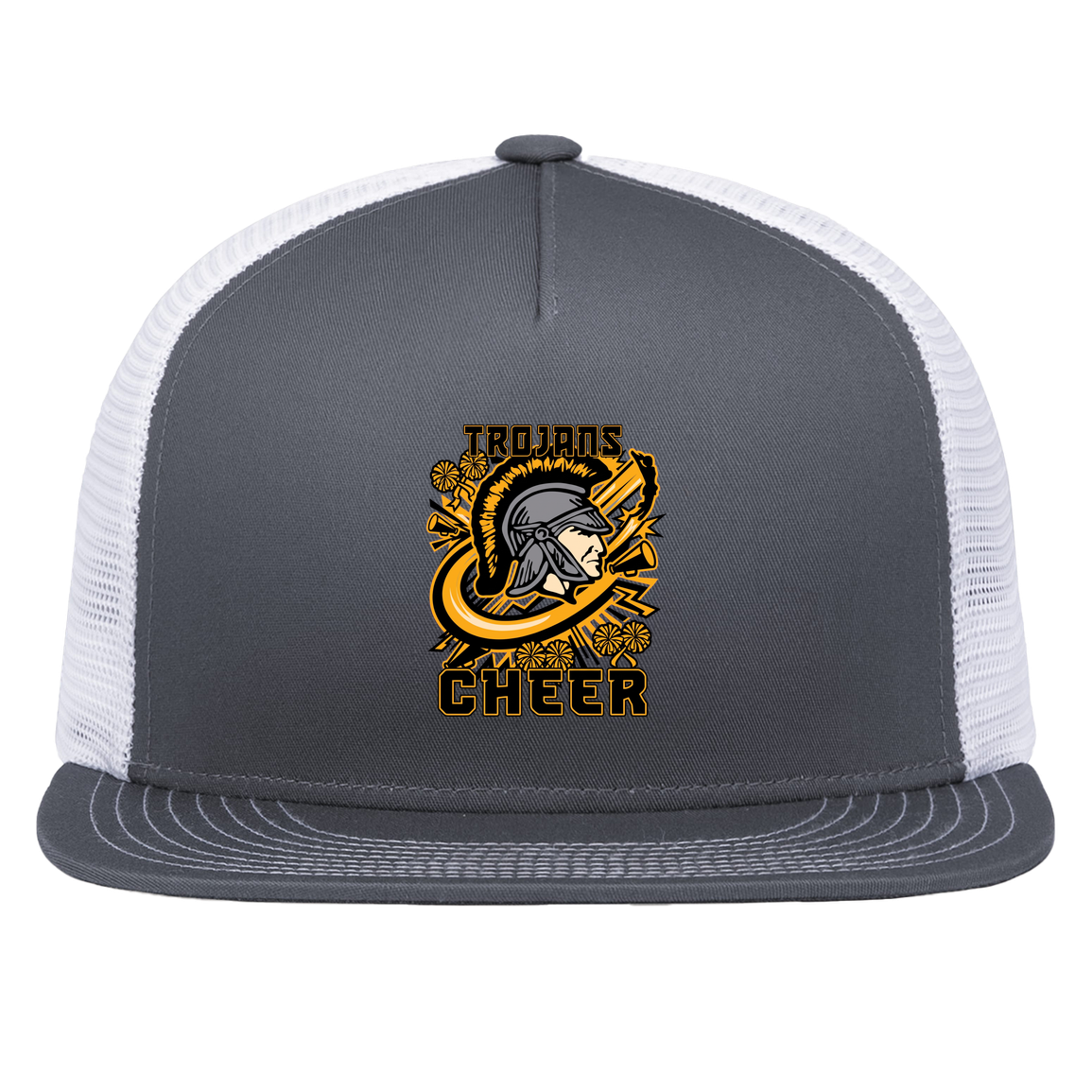 tc-trojans-cheer-rally-v2-pacific-headwear-d-series-5-panel-trucker-snapback-cap — Graphite/White — Front — source sha256 365d22bdc1ae6cc696606b426805485651d02b4bf62e75aee49b62990ed8717e — Color position 4
