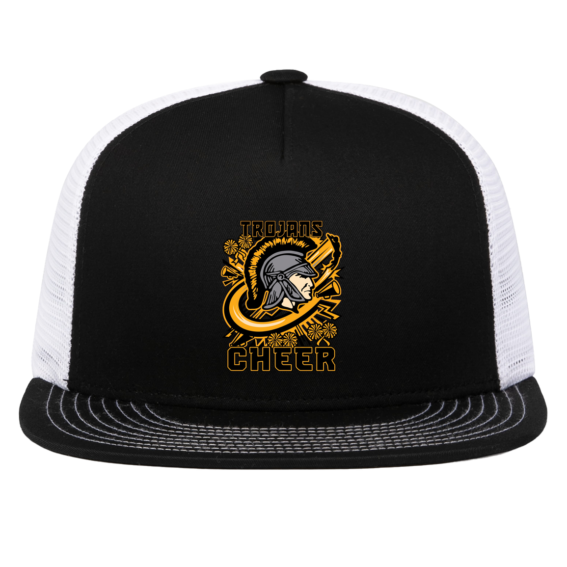 tc-trojans-cheer-rally-v2-pacific-headwear-d-series-5-panel-trucker-snapback-cap — Black/White — Front — source sha256 983b57e9c9f8029ffa8333198a260faefabfbc02a1ce61e2ee27733afec67f97 — Color position 2