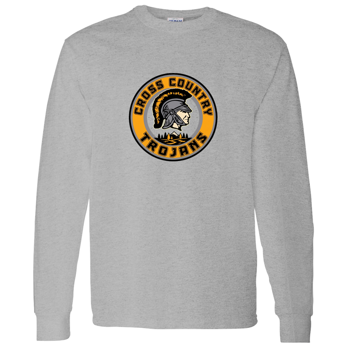 tc-trojans-cross-country-crest-v2-gildan-ls-t-shirt-5-3-oz — Sport Grey — Front — source sha256 176d1616e877502446d95953de6c8334a05ba48c15bee5dd65aba7b88badf921 — Color position 5