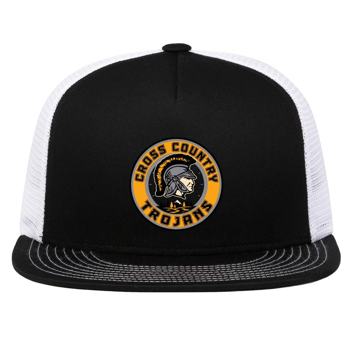 tc-trojans-cross-country-crest-v2-pacific-headwear-d-series-5-panel-trucker-snapback-cap — Black/White — Front — source sha256 3f3da0f4f1c0a82fc6e6ae83f6fc0c375dbc5825c83d68911d71ab401564b431 — Color position 2