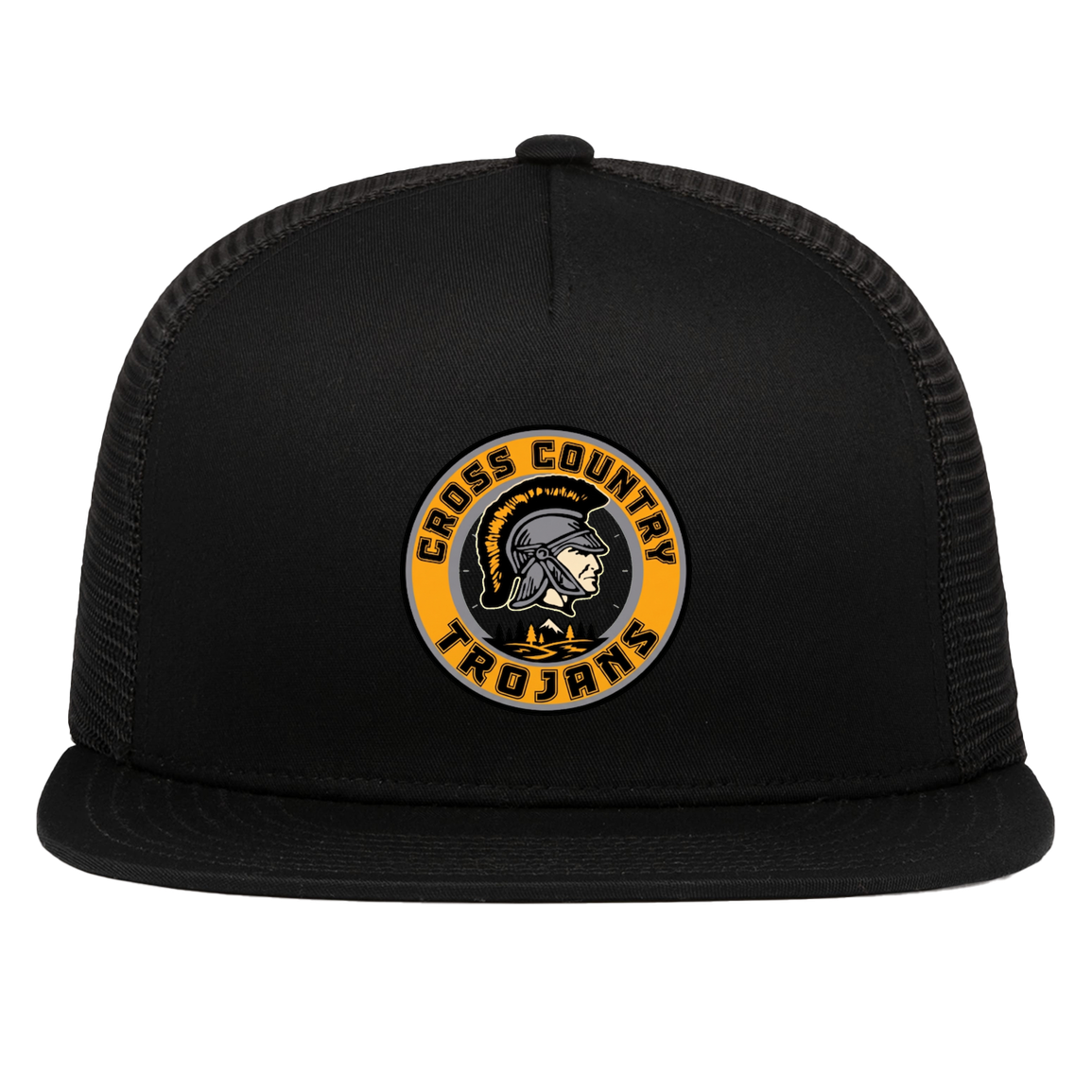 tc-trojans-cross-country-crest-v2-pacific-headwear-d-series-5-panel-trucker-snapback-cap — Black — Front — source sha256 70cffdb97c360eb0154d8a49edad16353730b37b65f8d78db0e5fcd0a7ee0186 — Color position 1