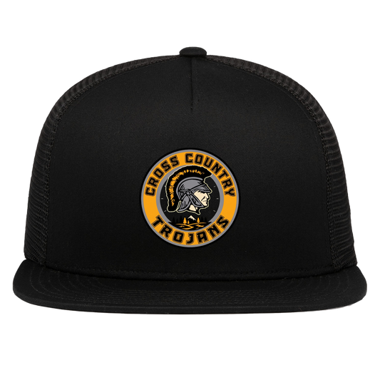 tc-trojans-cross-country-crest-v2-pacific-headwear-d-series-5-panel-trucker-snapback-cap — Black — Front — source sha256 70cffdb97c360eb0154d8a49edad16353730b37b65f8d78db0e5fcd0a7ee0186 — Color position 1