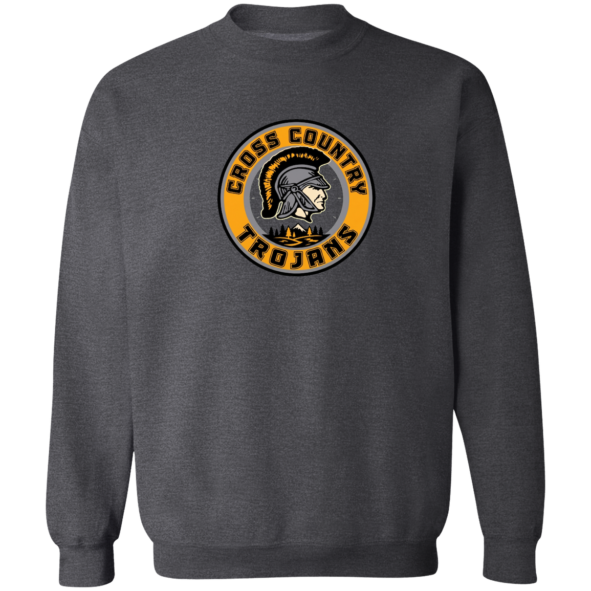 tc-trojans-cross-country-crest-v2-gildan-crewneck-pullover-sweatshirt — Dark Heather — Front — source sha256 bb5c2a1c89bde0b35f853371960b5186160651ada334f6987d4d549eac18286d — Color position 6