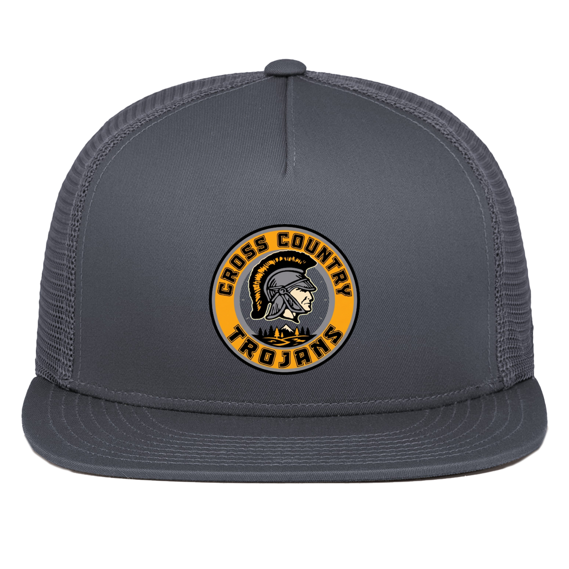 tc-trojans-cross-country-crest-v2-pacific-headwear-d-series-5-panel-trucker-snapback-cap — Graphite — Front — source sha256 c125d81742250b07d5d6fab1b0c2861fbca5033de4ce25d34b5485dbaeb78815 — Color position 3