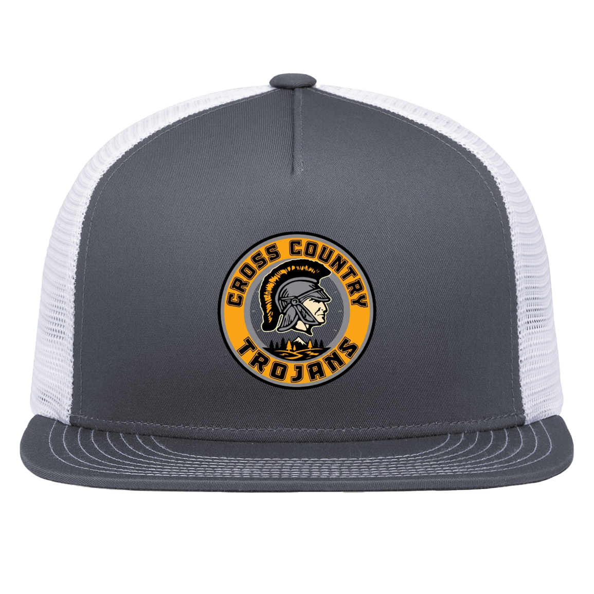 tc-trojans-cross-country-crest-v2-pacific-headwear-d-series-5-panel-trucker-snapback-cap — Graphite/White — Front — source sha256 e21ff3a39b56f70c2bcbe7826a3daeb8c3c6177940a393c3b9b70d252610da00 — Color position 4