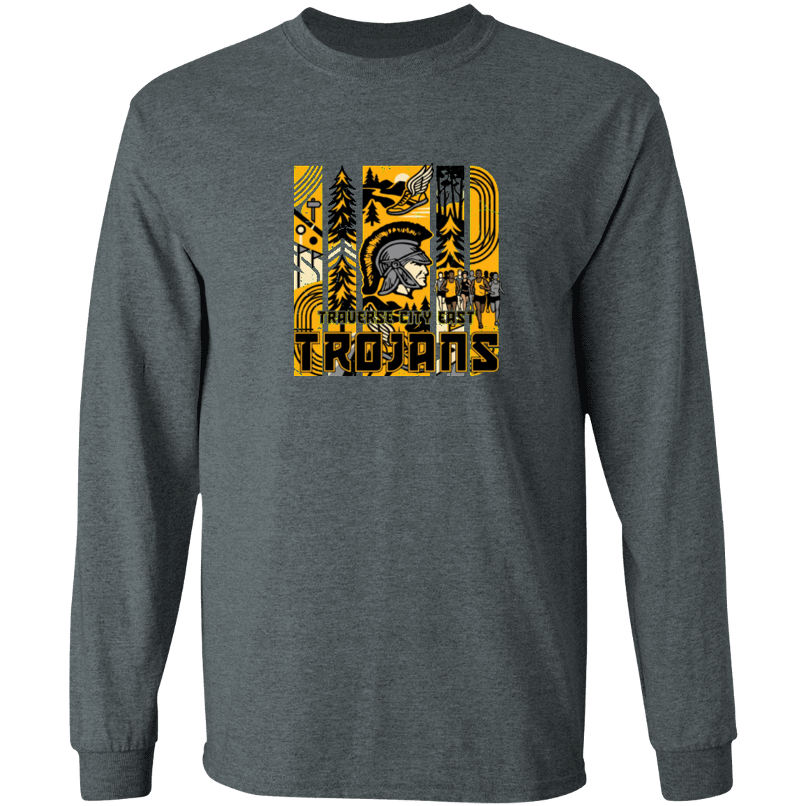 tc-trojans-cross-country-tiles-v2-gildan-ls-t-shirt-5-3-oz — Dark Heather — Front — source sha256 0e6a6ea6d9e30156567218a09eb3b66242153441b8bca96e906b6adb96e1f1e4 — Color position 2