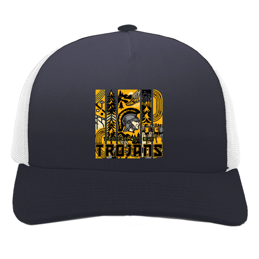 tc-trojans-cross-country-tiles-v2-pacific-headwear-5-panel-trucker-snapback-cap — Navy/White — Front — source sha256 250ef8b646fe8fd87c3c1f5810ae1ce9d10a3618cf88c3e5922c8806819ccc59 — Color position 1