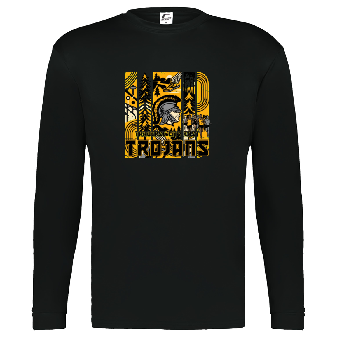 tc-trojans-cross-country-tiles-v2-c2-kids-performance-long-sleeve-tee — Black — Front — source sha256 9f60f4bf0e9789bd56705aabd1417eb127d2b47cdd2be6b2008d7cde4fd269cb — Color position 1