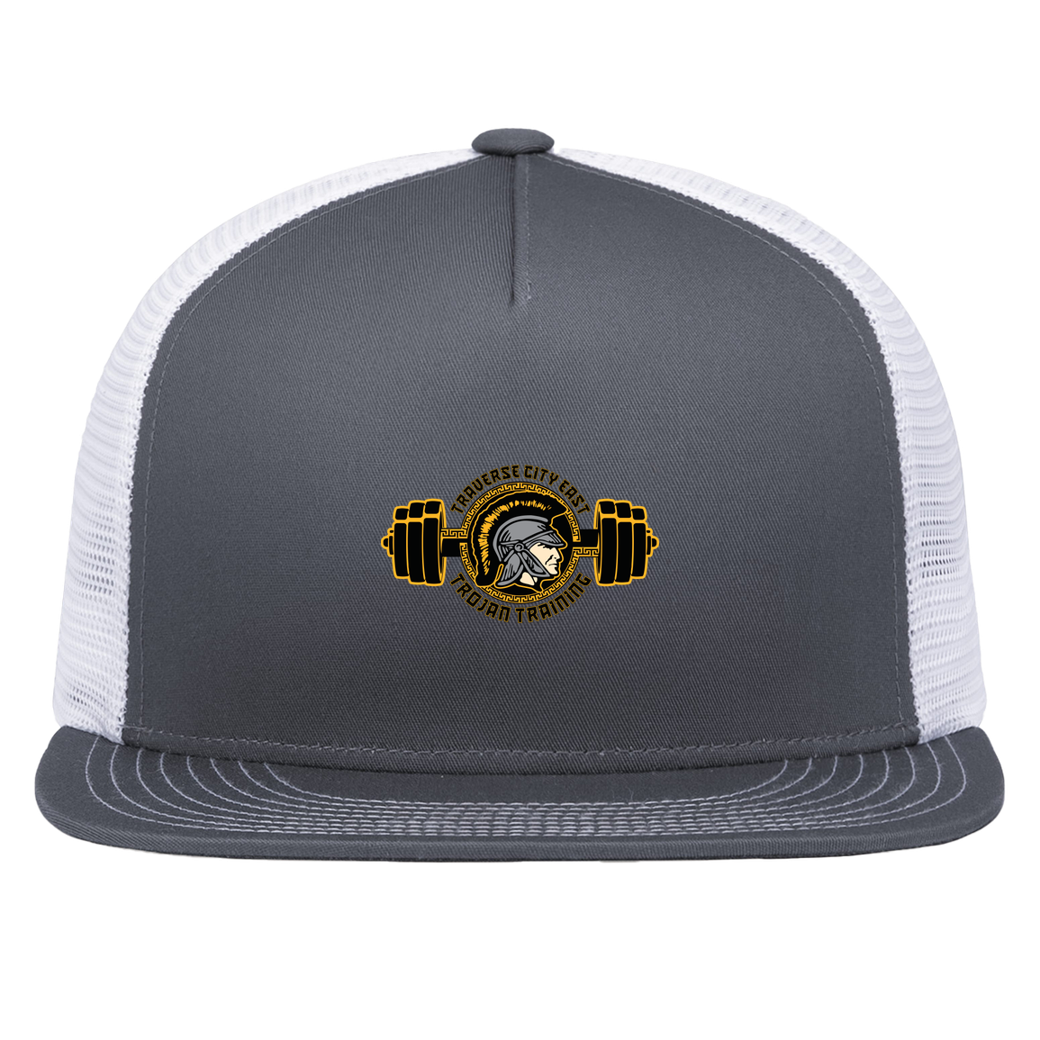 tc-trojans-ems-training-logo-pacific-headwear-d-series-5-panel-trucker-snapback-cap — Graphite/White — Front — source sha256 13fb19cf10f872c3b6707916d17140a53075544babf6eb22af26304ca176ca2b — Color position 4