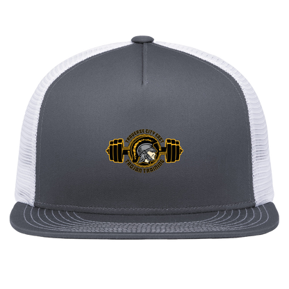 tc-trojans-ems-training-logo-pacific-headwear-d-series-5-panel-trucker-snapback-cap — Graphite/White — Front — source sha256 13fb19cf10f872c3b6707916d17140a53075544babf6eb22af26304ca176ca2b — Color position 4