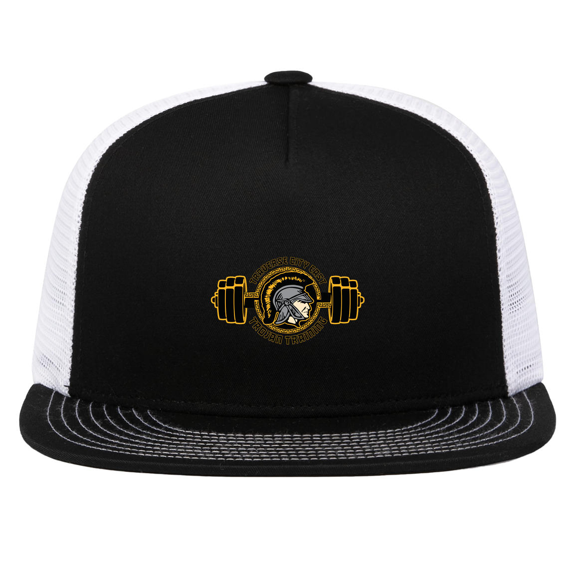 tc-trojans-ems-training-logo-pacific-headwear-d-series-5-panel-trucker-snapback-cap — Black/White — Front — source sha256 1b9f39510f1ce6435036fb3ab0c9641626a37ef26f0c67692c921f7faa79a3ef — Color position 2
